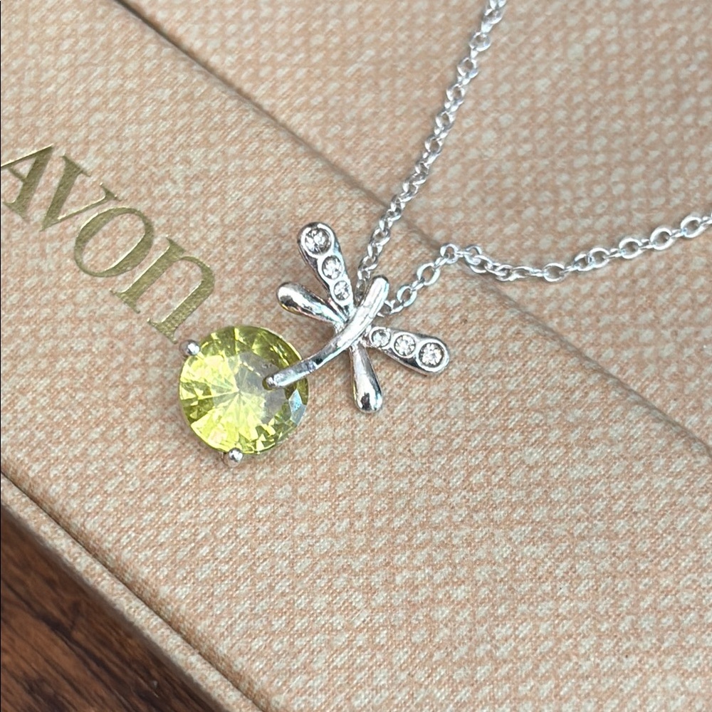 Faux Peridot Dragonfly Pendant Necklace w/ Rhinestones Silver 18" - 22” Avon